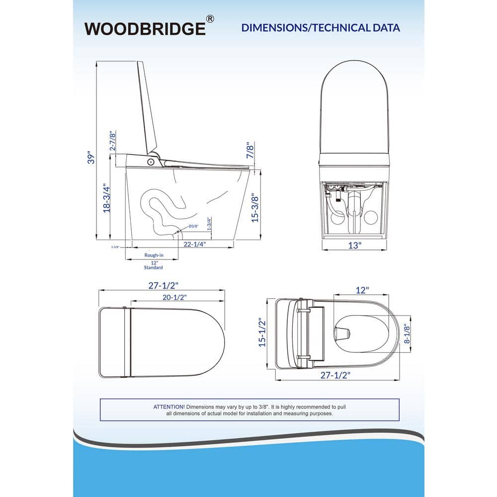 WOODBRIDGE Nutley Dual Flush Smart Bidet Toilet 1.28 GPF in White with Auto Features