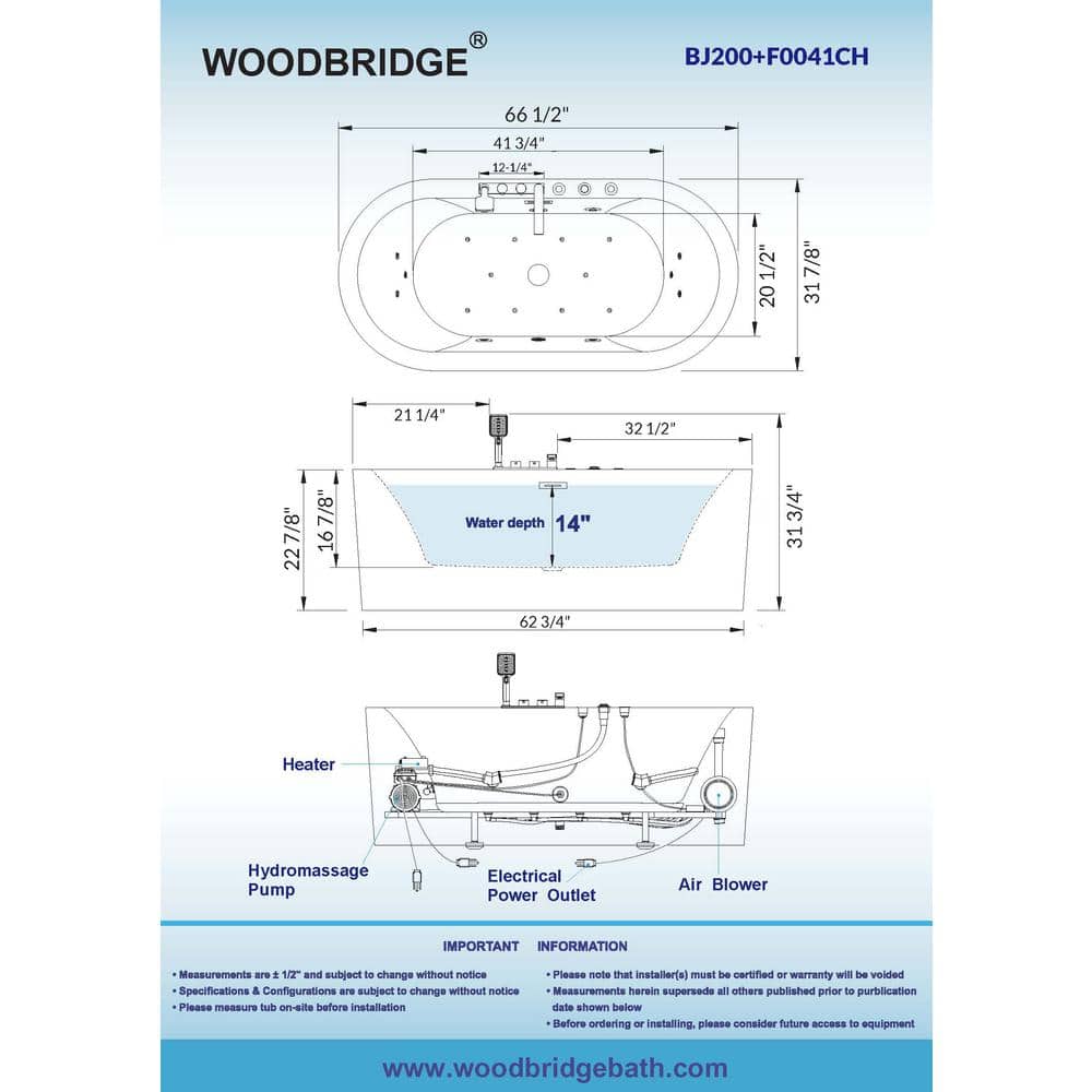 WOODBRIDGE 67 in. Acrylic Flatbottom Whirlpool & Air Bathtub with Inline Heater, Tub Filler, Drain and Overflow – White