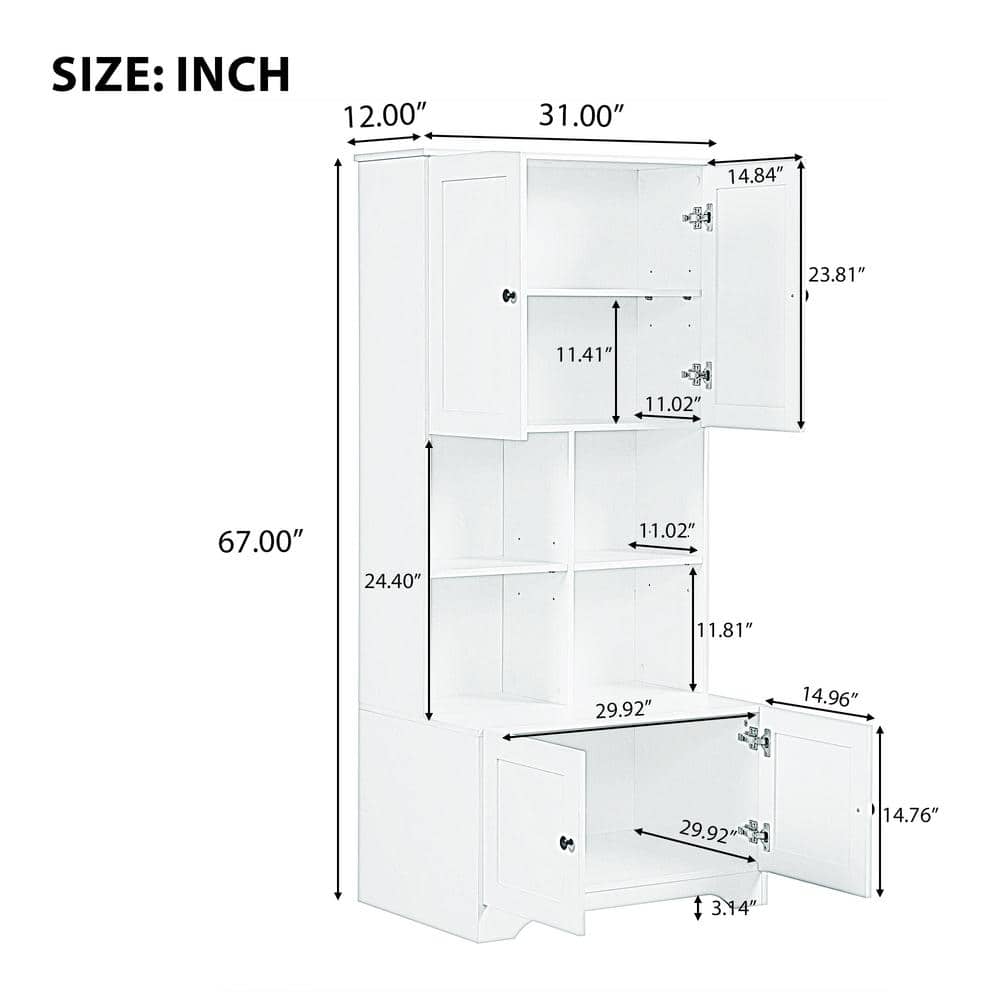 Wyndham Collection Modern White Linen Cabinet with Doors and Shelves, 31x16x67 Inches