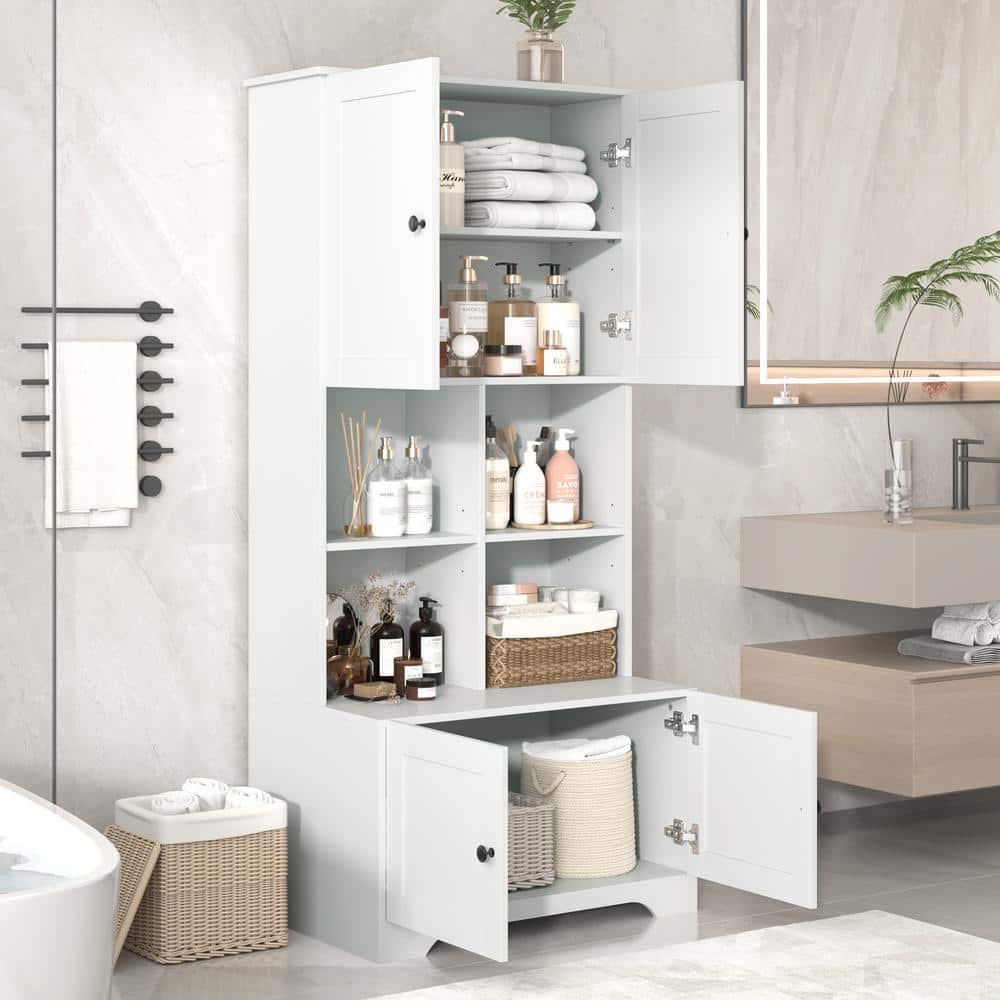 Wyndham Collection Modern White Linen Cabinet with Doors and Shelves, 31x16x67 Inches