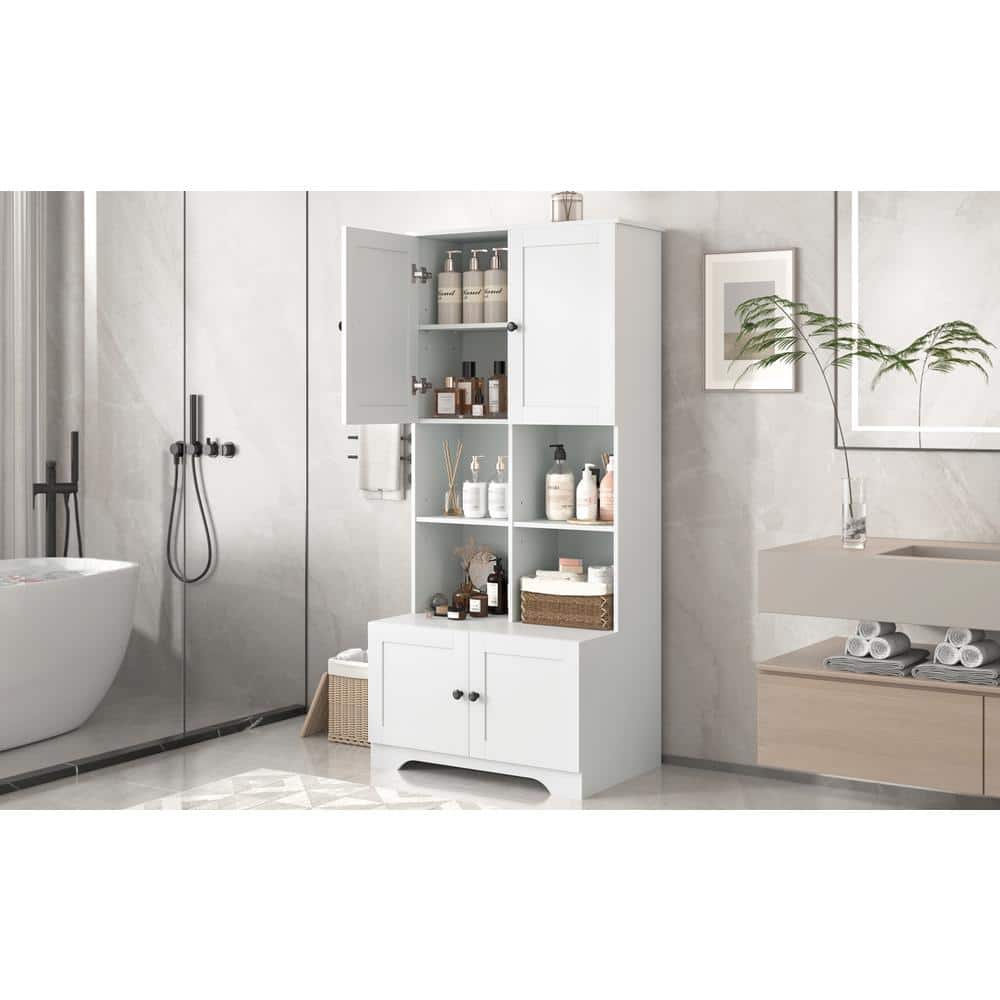Wyndham Collection Modern White Linen Cabinet with Doors and Shelves, 31x16x67 Inches