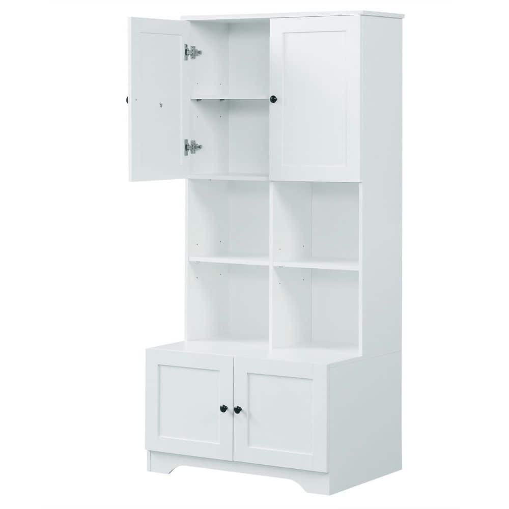 Wyndham Collection Modern White Linen Cabinet with Doors and Shelves, 31x16x67 Inches