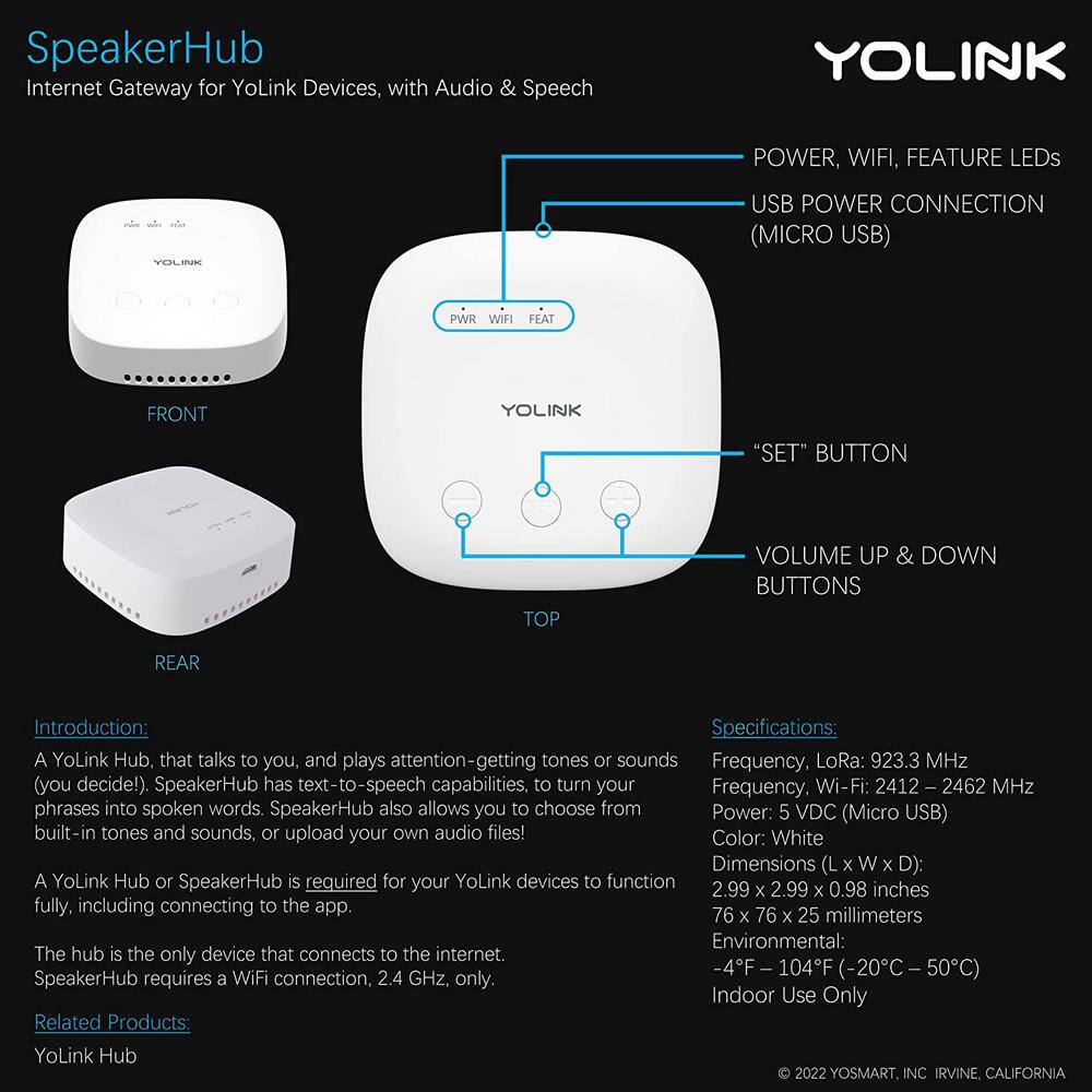 YoLink Smart Home Speaker Hub, Plays Tones/Alarms and Your Text-to-Speech Custom Messages, Voice Announcements