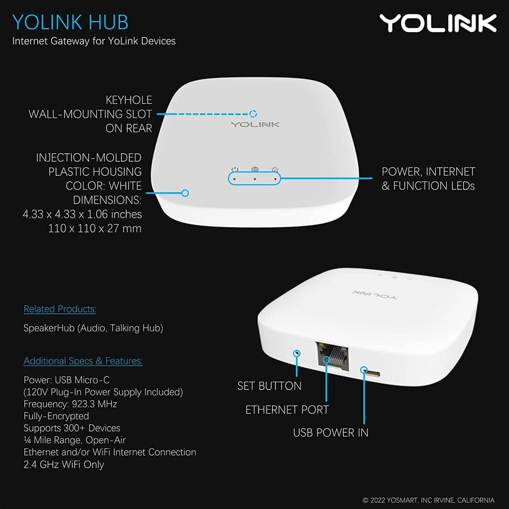 YoLink Hub Central Controller Only for Smart Home Devices, 1/4 Mile Range Smart Hub LoRa Enabled Smart Home Automation Hub