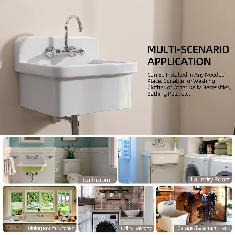 Zeafive 24 in. W x 20 in. D Wall Mount/Freestanding Laundry/Utility Sink in White Farmhouse Sink With Overflow and Sink Strainer