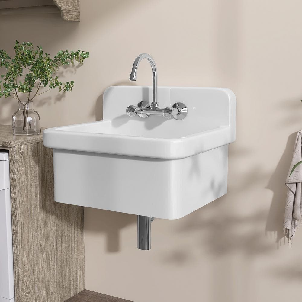 Zeafive 24 in. W x 20 in. D Wall Mount/Freestanding Laundry/Utility Sink in White Farmhouse Sink With Overflow and Sink Strainer