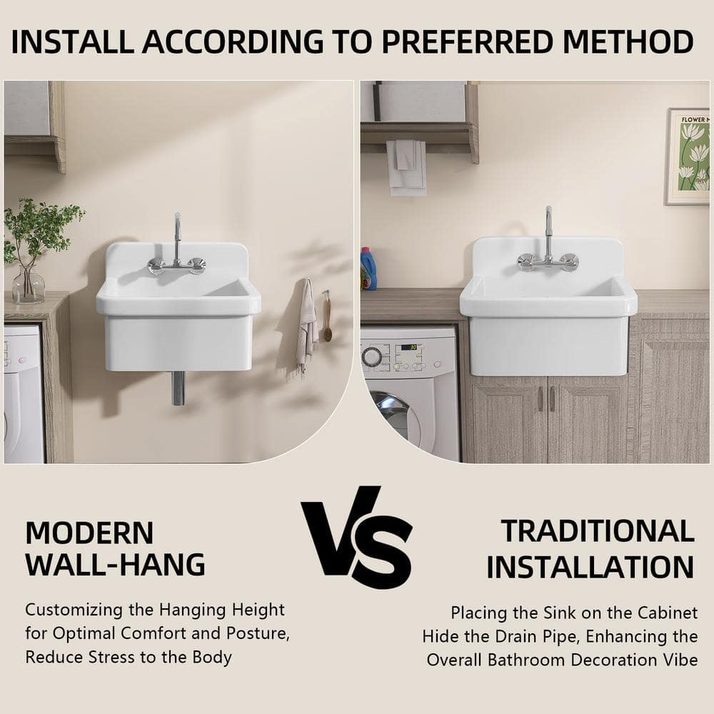 Zeafive 24 in. W x 20 in. D Wall Mount/Freestanding Laundry/Utility Sink in White Farmhouse Sink With Overflow and Sink Strainer