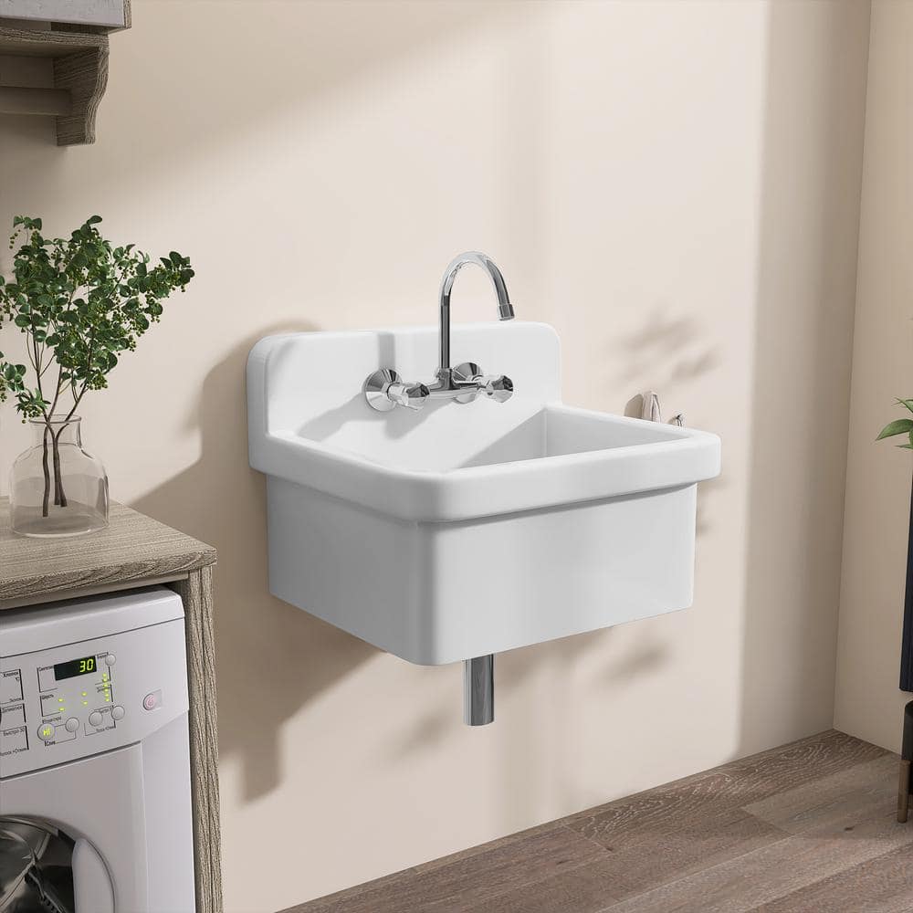 Zeafive 24 in. W x 20 in. D Wall Mount/Freestanding Laundry/Utility Sink in White Farmhouse Sink With Overflow and Sink Strainer