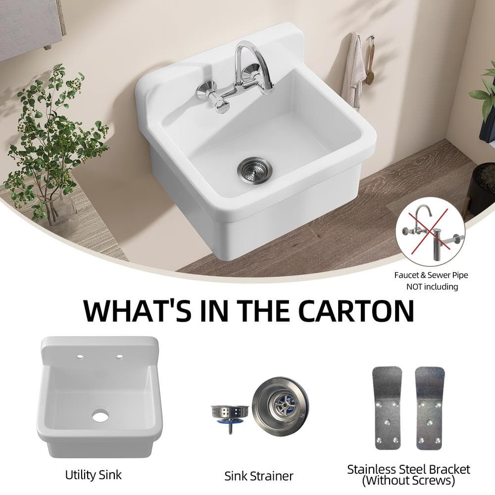 Zeafive 24 in. W x 20 in. D Wall Mount/Freestanding Laundry/Utility Sink in White Farmhouse Sink With Overflow and Sink Strainer