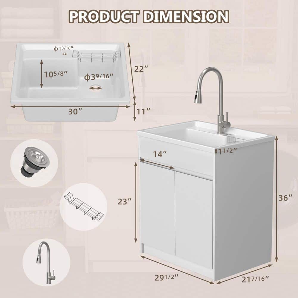 Zeafive All-in-One 30" x 22" Freestanding White Laundry Sink with Cabinet and Faucet