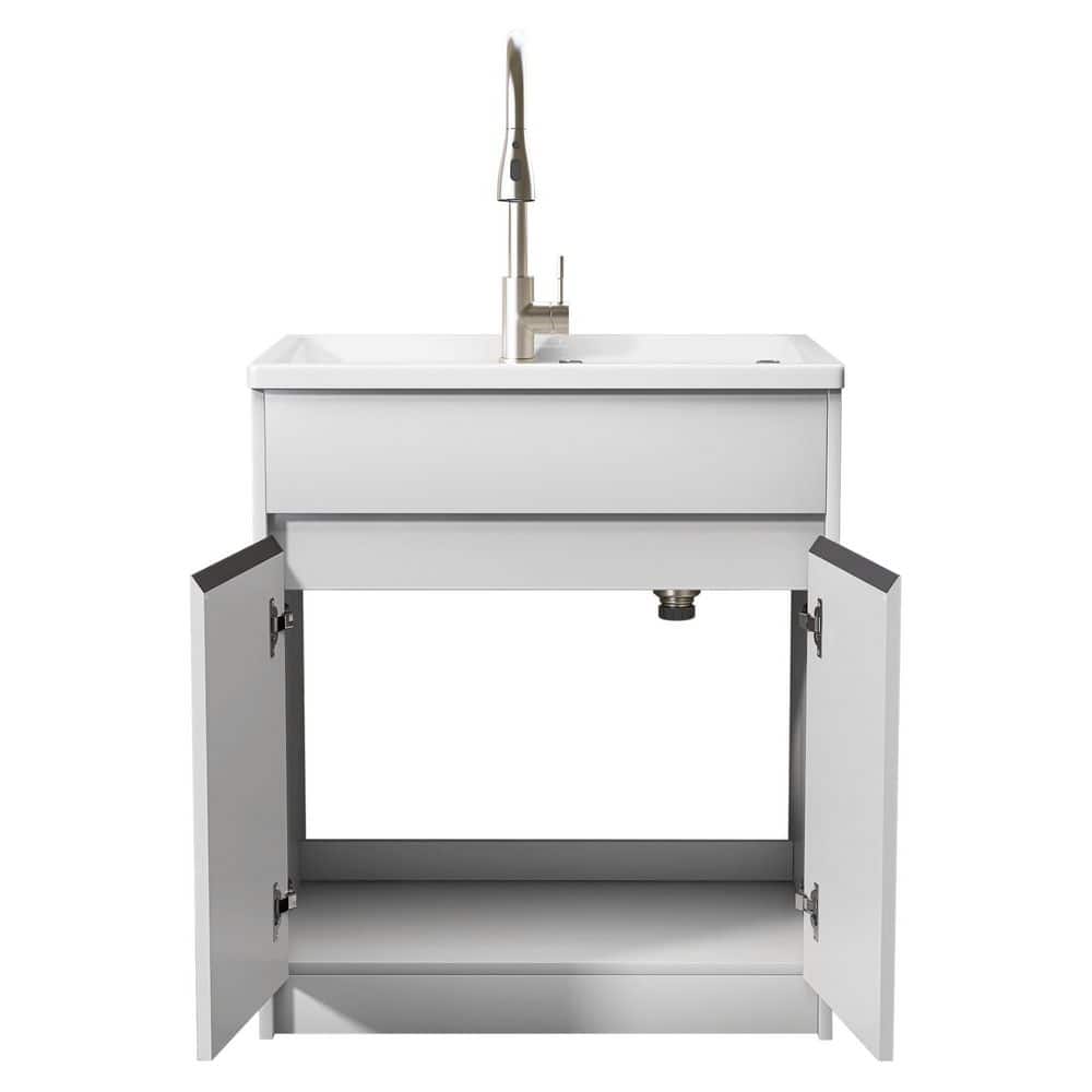 Zeafive All-in-One 30" x 22" Freestanding White Laundry Sink with Cabinet and Faucet