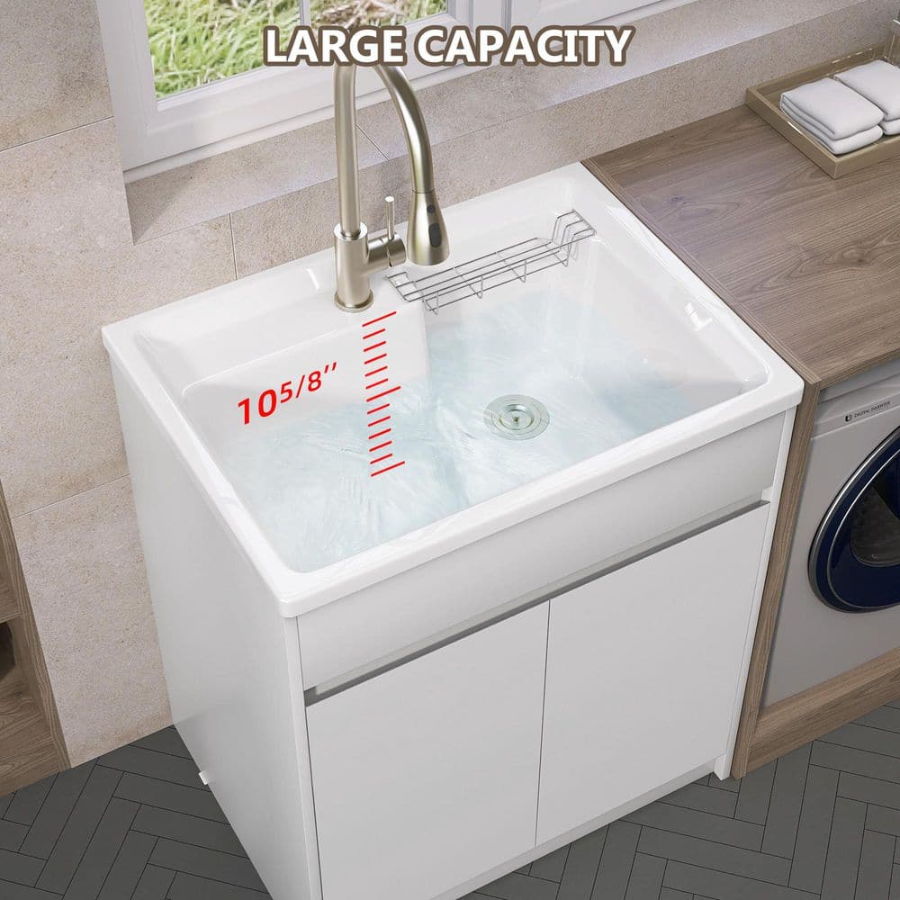 Zeafive All-in-One 30" x 22" Freestanding White Laundry Sink with Cabinet and Faucet