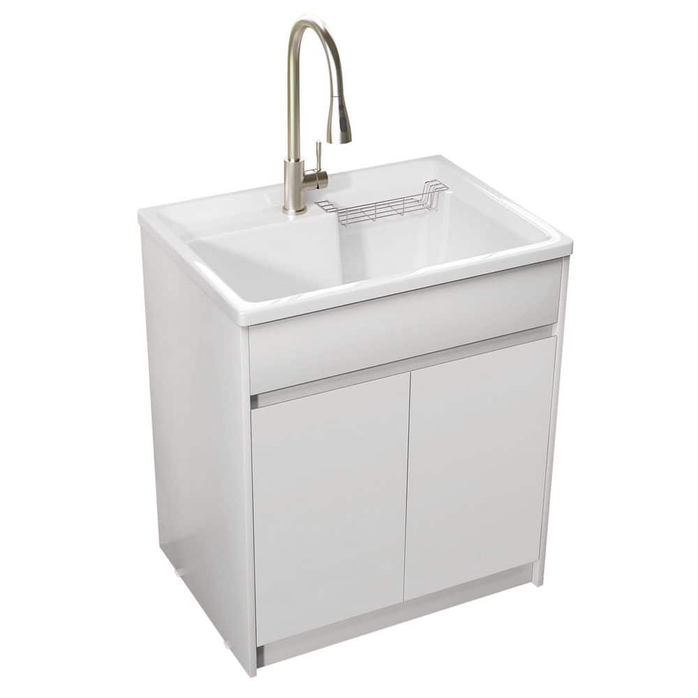 Zeafive All-in-One 30" x 22" Freestanding White Laundry Sink with Cabinet and Faucet
