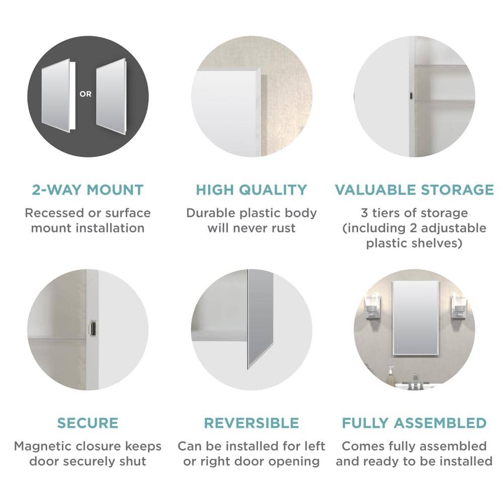 Zenith 16 in. W x 26 in. H Rectangular Recessed or Surface Mount Frameless Beveled Mirror Medicine Cabinet