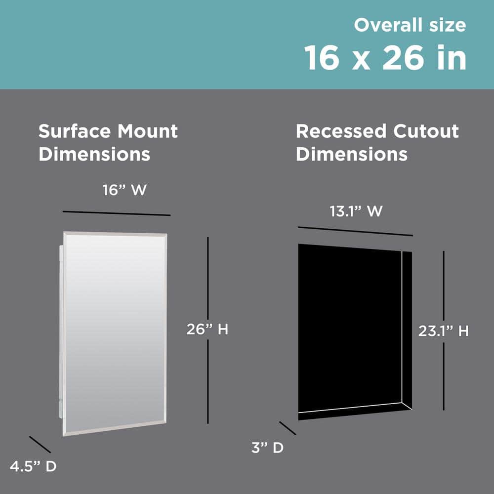 Zenith 16 in. W x 26 in. H Rectangular Recessed or Surface Mount Frameless Beveled Mirror Medicine Cabinet