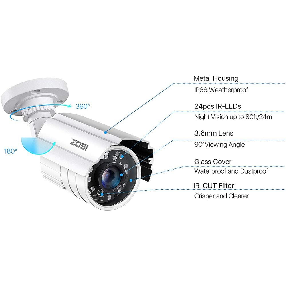ZOSI 80 ft. Wired 2MP Outdoor Bullet Security Camera Compatible with 4-In-1 HD-CVI/TVI/AHD/960H Analog CVBS IR Night Vision