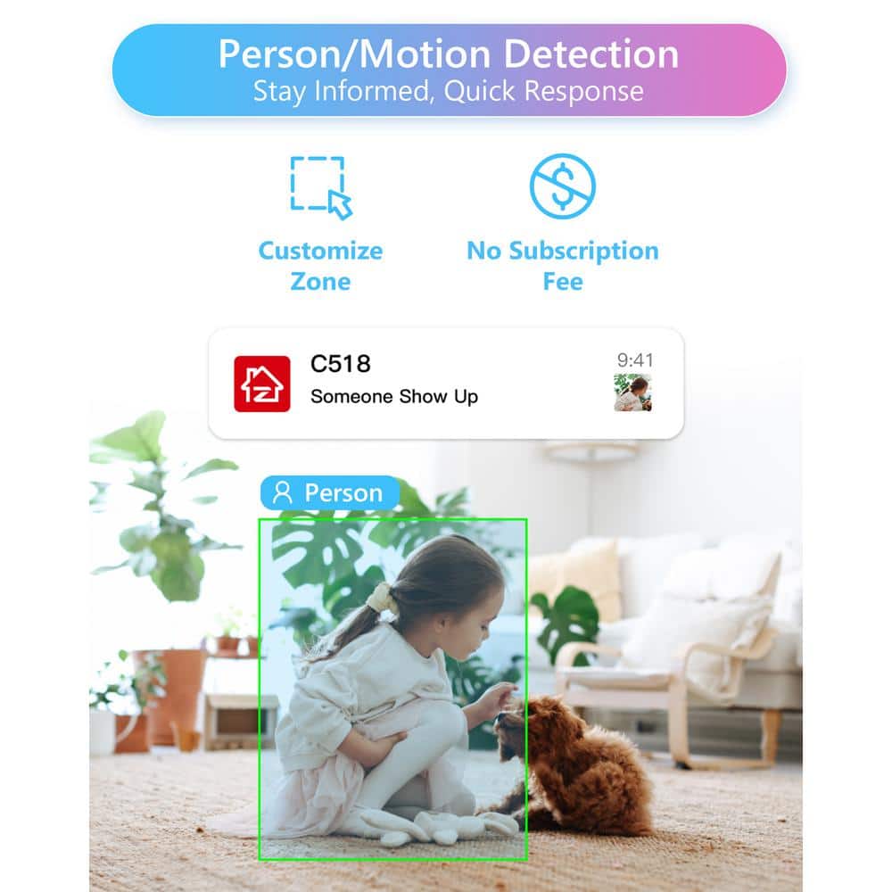 ZOSI 3MP 2K PTZ WiFi Security Camera Baby Monitor, One Press Call, 2-Way Audio, Smart AI Detection, 2.4/5.0 GHZ