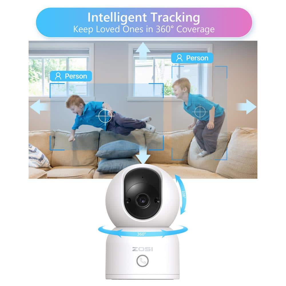 ZOSI 3MP 2K PTZ WiFi Security Camera Baby Monitor, One Press Call, 2-Way Audio, Smart AI Detection, 2.4/5.0 GHZ