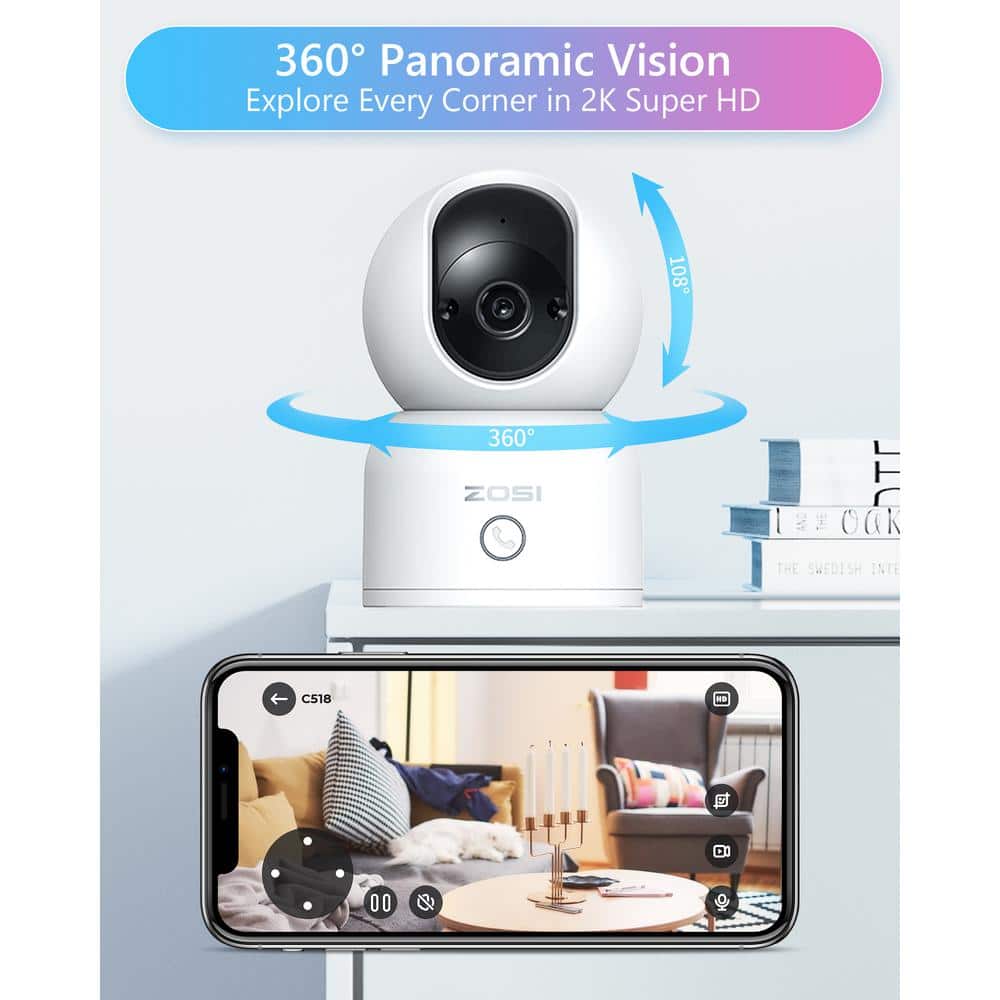 ZOSI 3MP 2K PTZ WiFi Security Camera Baby Monitor, One Press Call, 2-Way Audio, Smart AI Detection, 2.4/5.0 GHZ