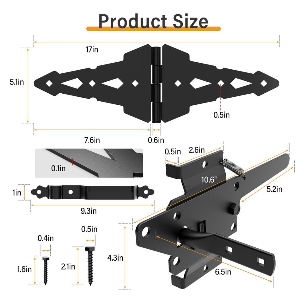 WINSOON Black Post Latch Gate Set Heavy-Duty Gate Hardware Kit