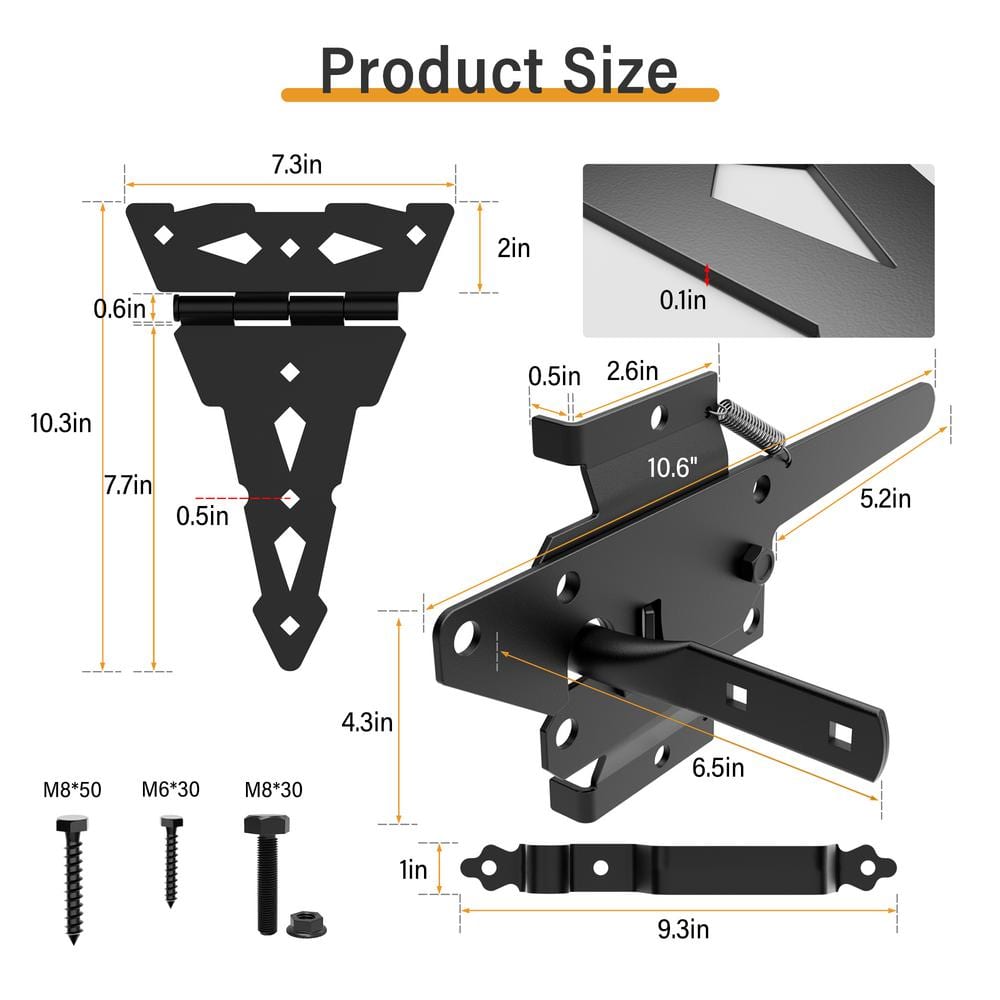 WINSOON Black Gate Hinge and Latch Set Decorative Latch Gate Kit