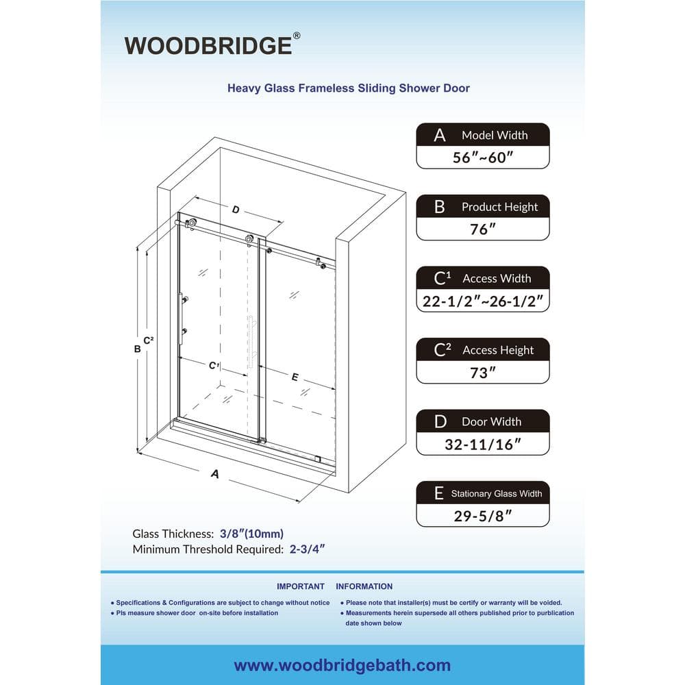 WOODBRIDGE Norwich 56 in. to 60 in. W x 76 in. H Frameless Sliding Shower Door with Shatter Retention Glass, Brushed Nickel
