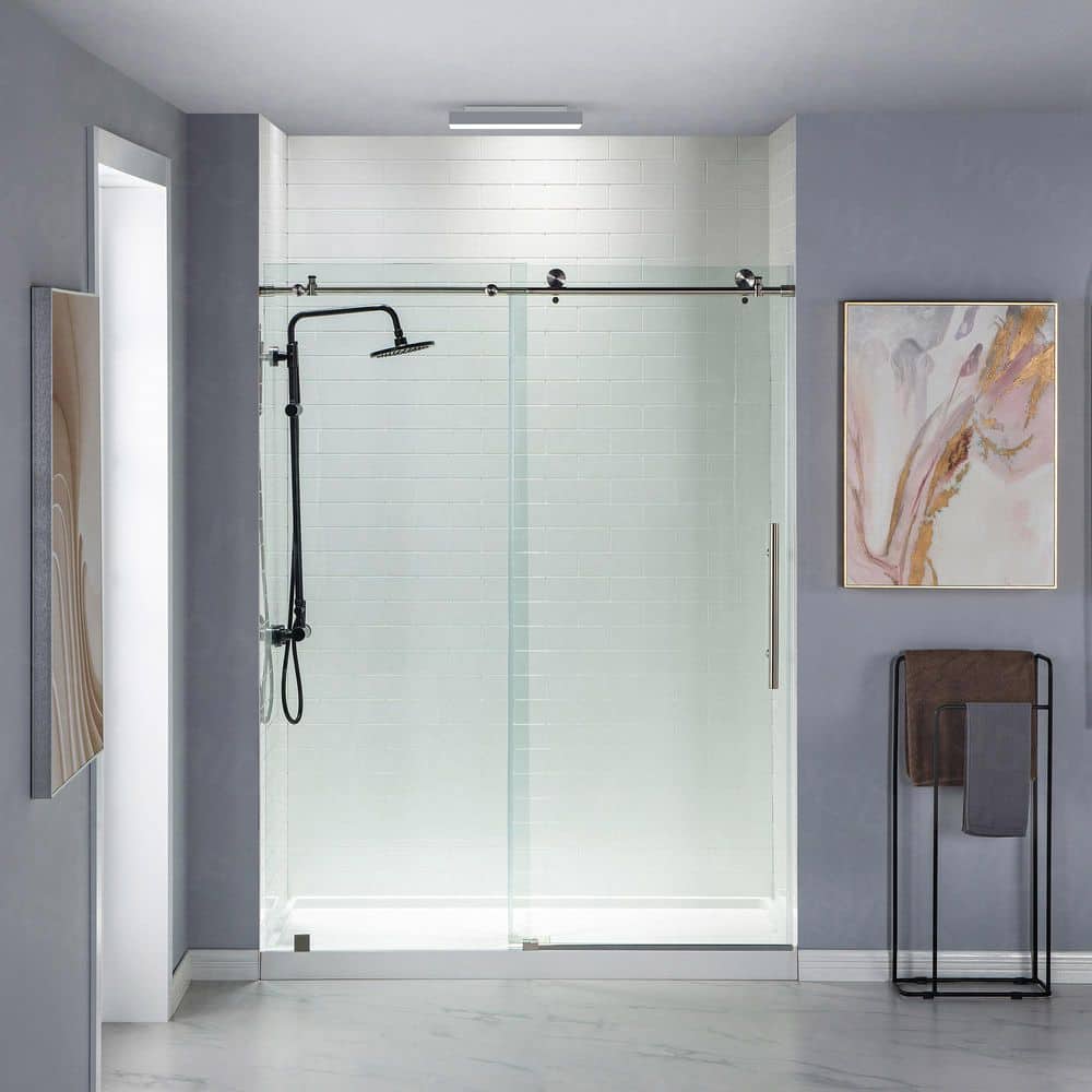 WOODBRIDGE Norwich 56 in. to 60 in. W x 76 in. H Frameless Sliding Shower Door with Shatter Retention Glass, Brushed Nickel