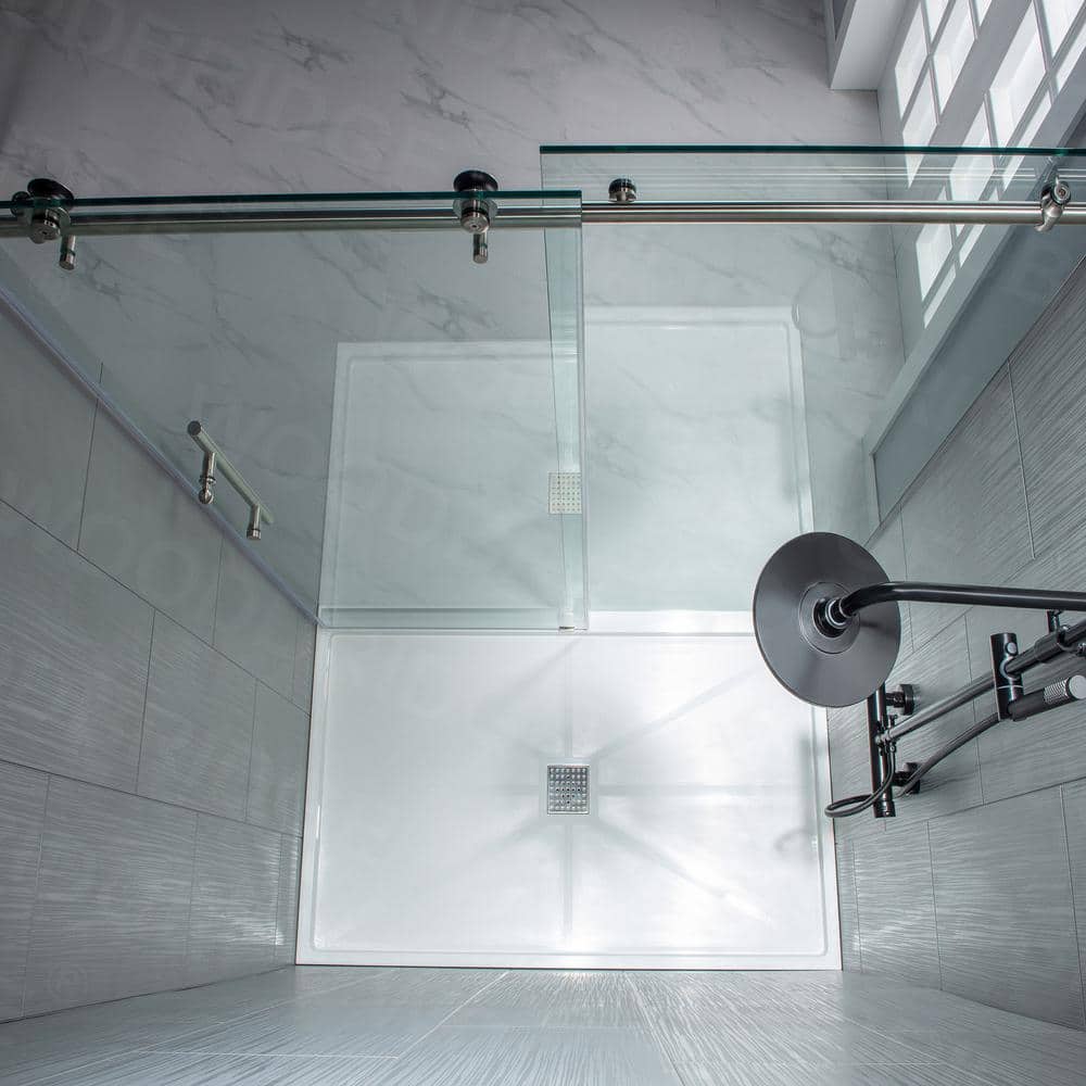 WOODBRIDGE Norwich 56 in. to 60 in. W x 76 in. H Frameless Sliding Shower Door with Shatter Retention Glass, Brushed Nickel