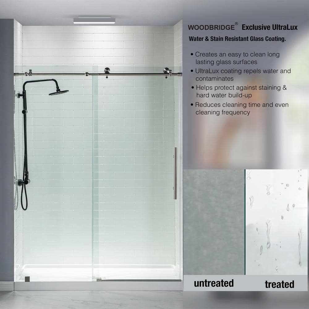WOODBRIDGE Norwich 56 in. to 60 in. W x 76 in. H Frameless Sliding Shower Door with Shatter Retention Glass, Brushed Nickel