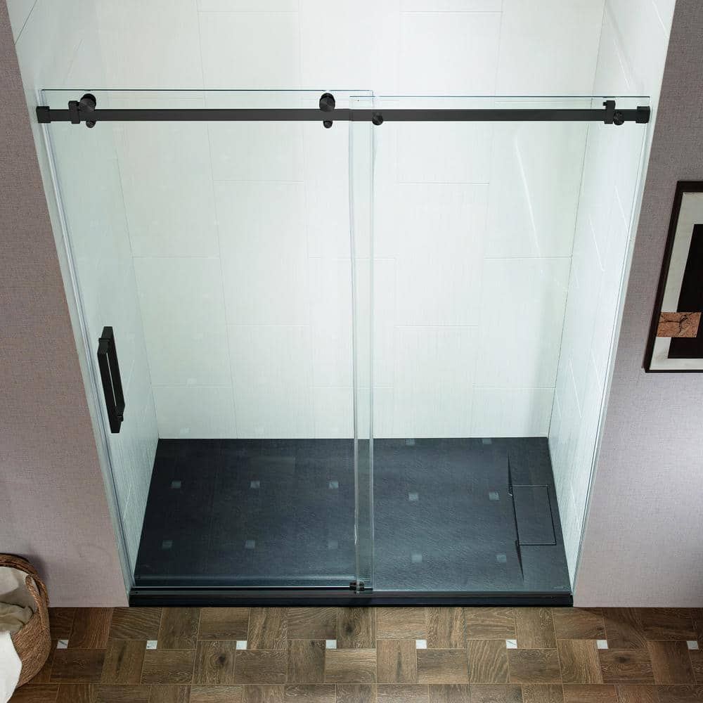 WOODBRIDGE 60 in. W x 76 in. H Frameless Single Sliding Shower Door in Matte Black with 5/16 in. (8 mm) Clear Glass