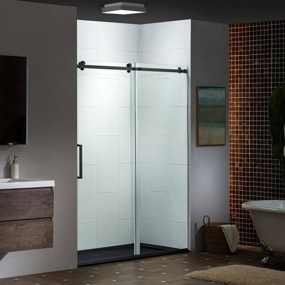 WOODBRIDGE 60 in. W x 76 in. H Frameless Single Sliding Shower Door in Matte Black with 5/16 in. (8 mm) Clear Glass