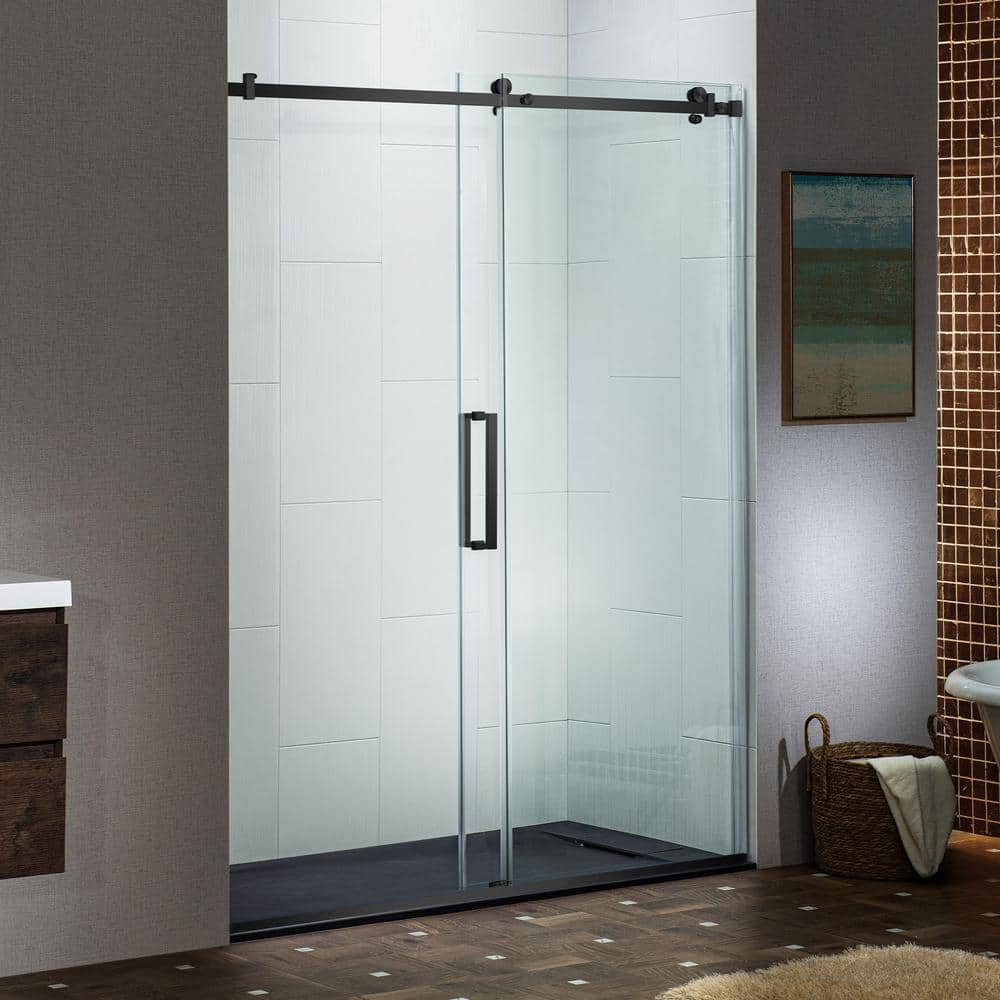 WOODBRIDGE 60 in. W x 76 in. H Frameless Single Sliding Shower Door in Matte Black with 5/16 in. (8 mm) Clear Glass