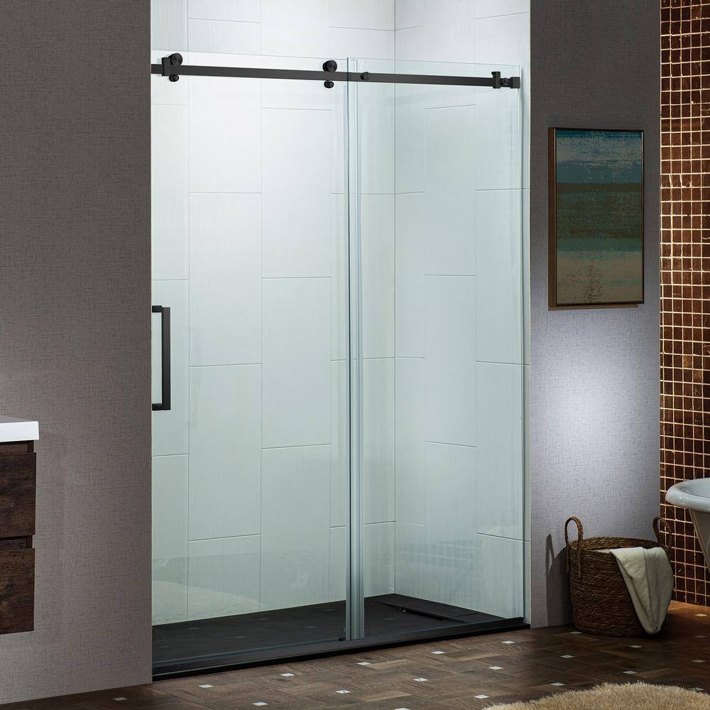 WOODBRIDGE 60 in. W x 76 in. H Frameless Single Sliding Shower Door in Matte Black with 5/16 in. (8 mm) Clear Glass