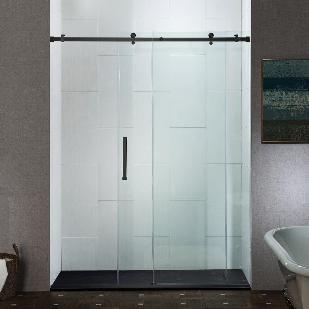 WOODBRIDGE 60 in. W x 76 in. H Frameless Single Sliding Shower Door in Matte Black with 5/16 in. (8 mm) Clear Glass