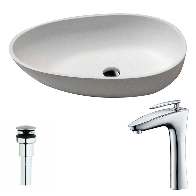 ANZZI Trident Man-Made Stone Vessel Sink with Pop-Up Drain, Matte White, 24.4 x 15.7 x 6.2 in