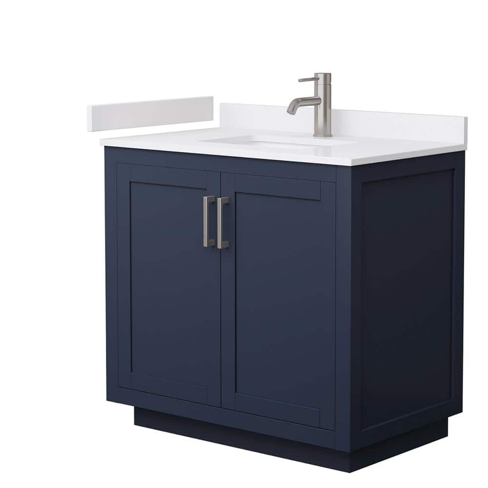 Wyndham Collection Miranda 36" Dark Blue Bathroom Vanity with White Marble Top