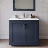 Wyndham Collection Miranda 36" Dark Blue Bathroom Vanity with White Marble Top