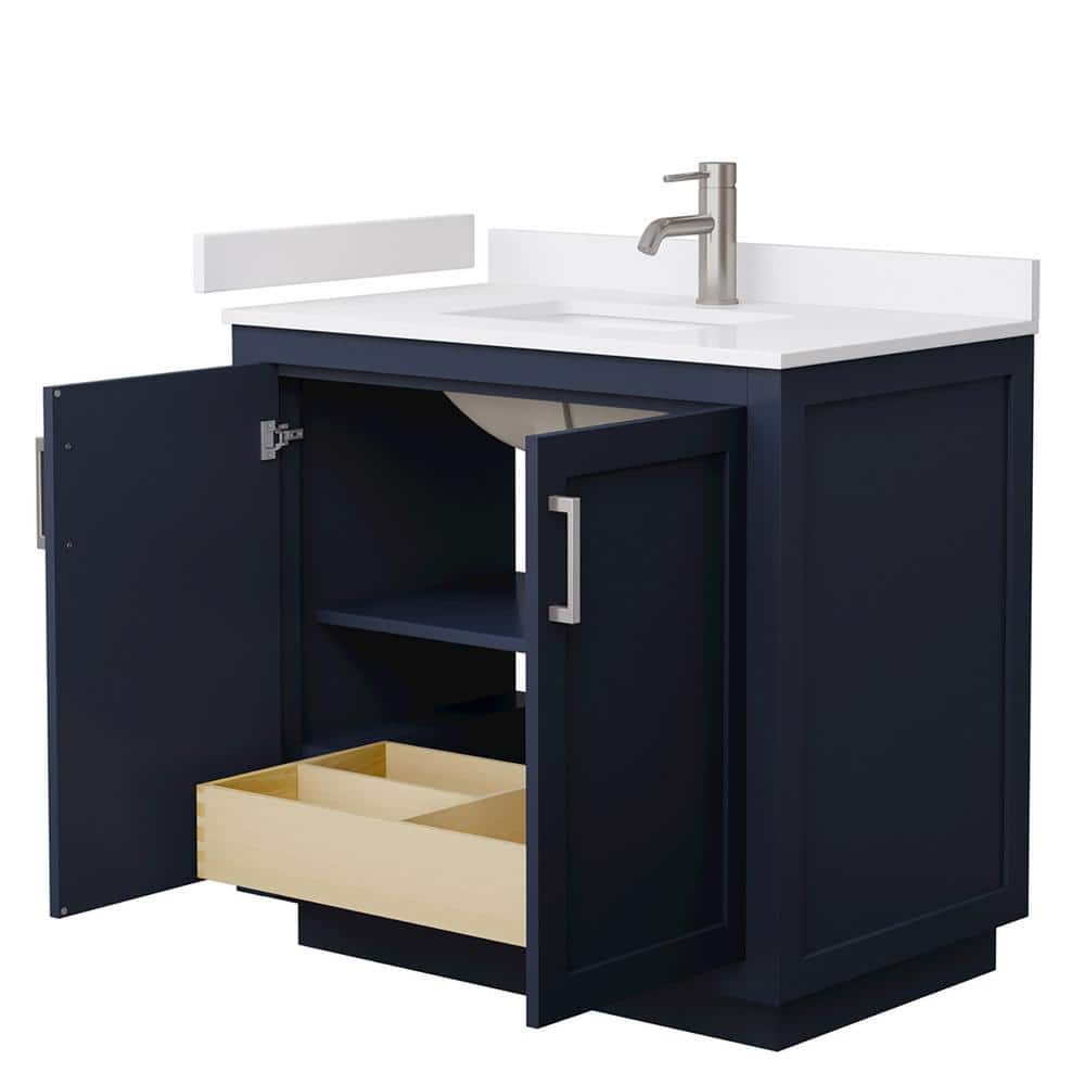 Wyndham Collection Miranda 36" Dark Blue Bathroom Vanity with White Marble Top