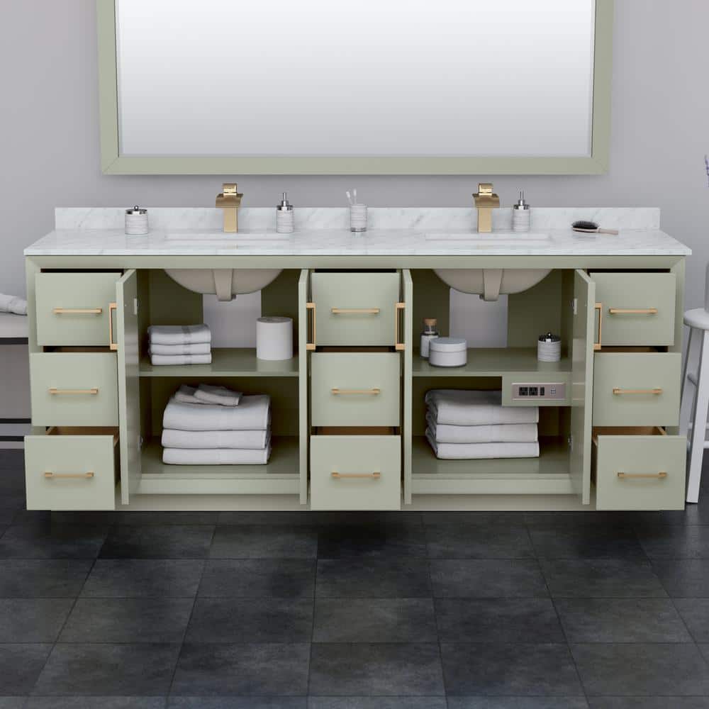 Wyndham Collection Strada 84" Double Bath Vanity, Light Green with White Quartz Top