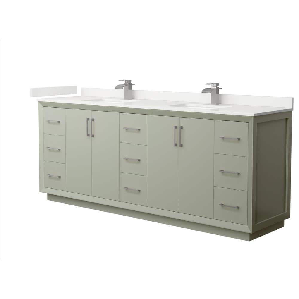 Wyndham Collection Strada 84" Double Bath Vanity, Light Green with White Quartz Top