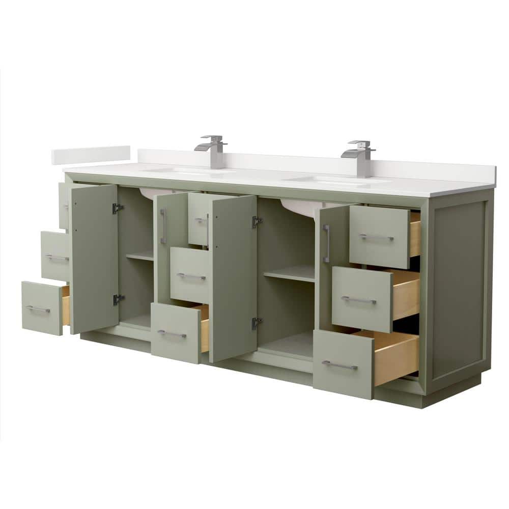 Wyndham Collection Strada 84" Double Bath Vanity, Light Green with White Quartz Top