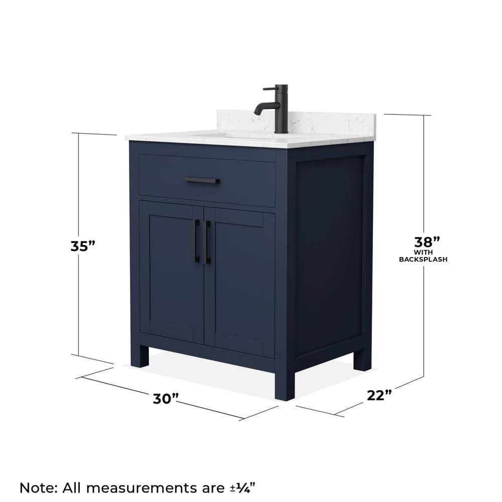 Wyndham Collection Beckett 30" Dark Blue Bathroom Vanity with Carrara Marble Top