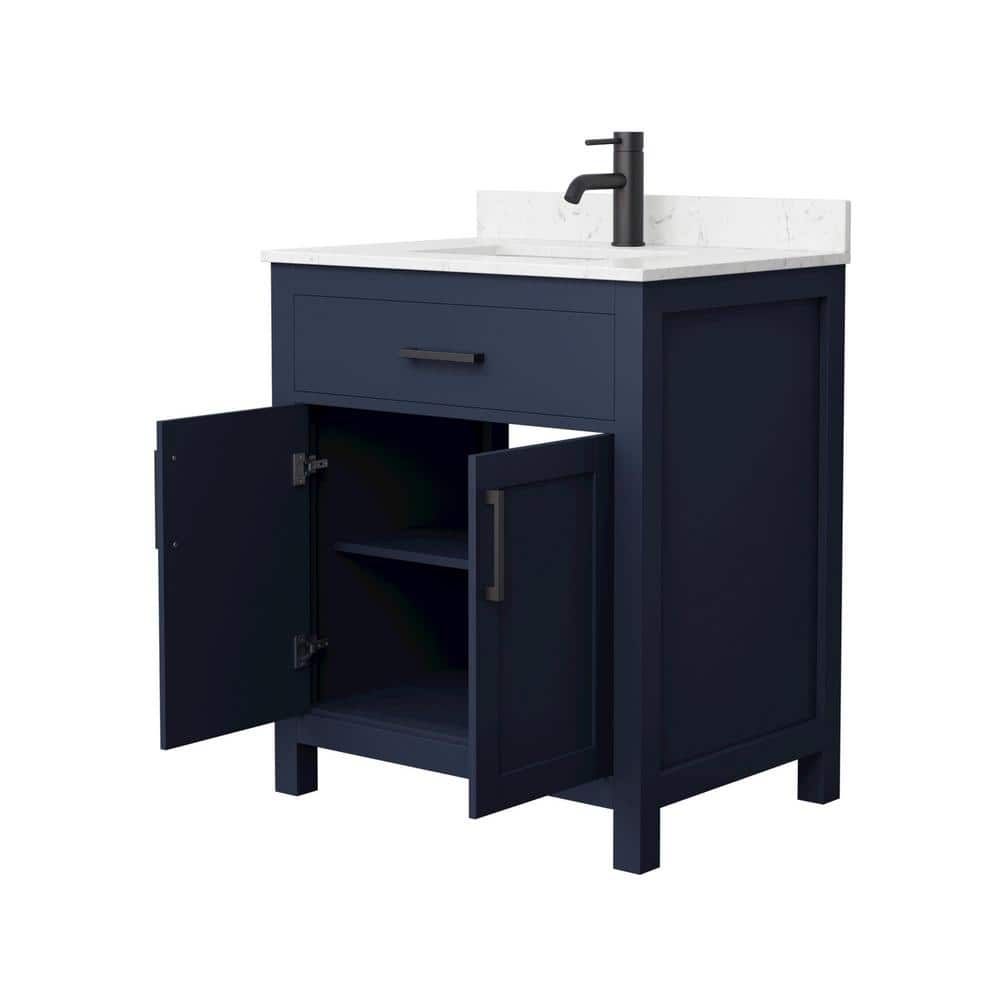 Wyndham Collection Beckett 30" Dark Blue Bathroom Vanity with Carrara Marble Top