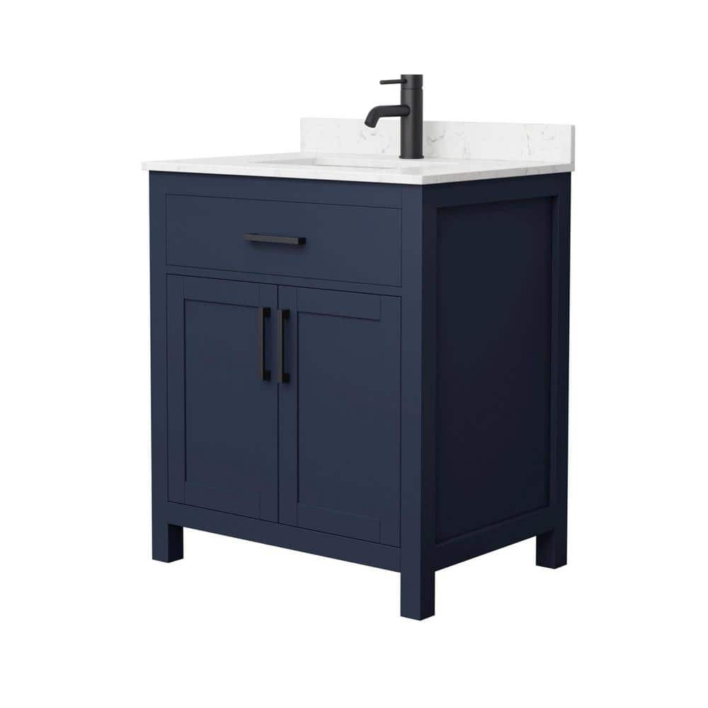 Wyndham Collection Beckett 30" Dark Blue Bathroom Vanity with Carrara Marble Top