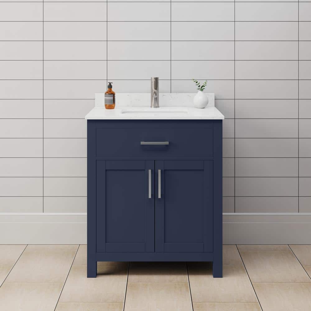 Wyndham Collection Beckett 30" Bathroom Vanity in Dark Blue with Carrara Marble Top