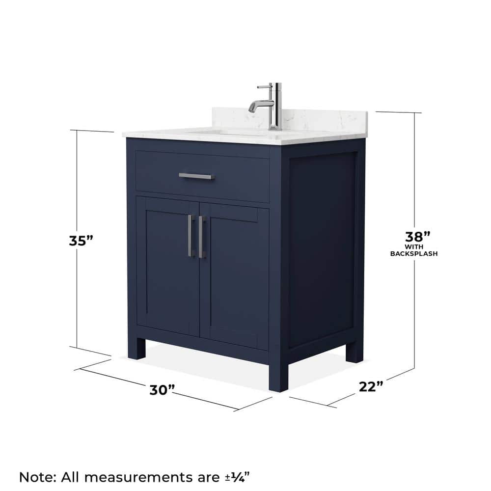 Wyndham Collection Beckett 30" Bathroom Vanity in Dark Blue with Carrara Marble Top