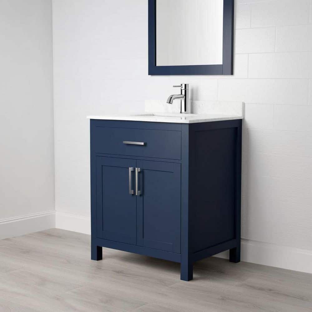 Wyndham Collection Beckett 30" Bathroom Vanity in Dark Blue with Carrara Marble Top