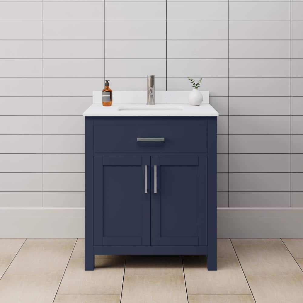 Wyndham Collection Beckett 30" Dark Blue Bathroom Vanity with White Cultured Marble Top