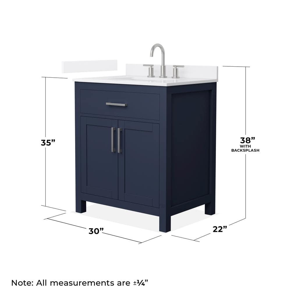 Wyndham Collection Beckett 30 in. Freestanding Dark Blue Bath Vanity with White Quartz Top