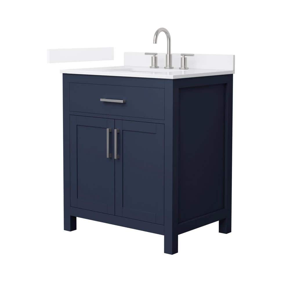 Wyndham Collection Beckett 30 in. Freestanding Dark Blue Bath Vanity with White Quartz Top
